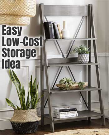 Farmhouse Ladder Bookshelf - an Easy Low Cost Storage Idea