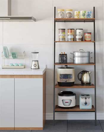 Slanted Kitchen Shelves Storing Food, Containers, Small Appliances